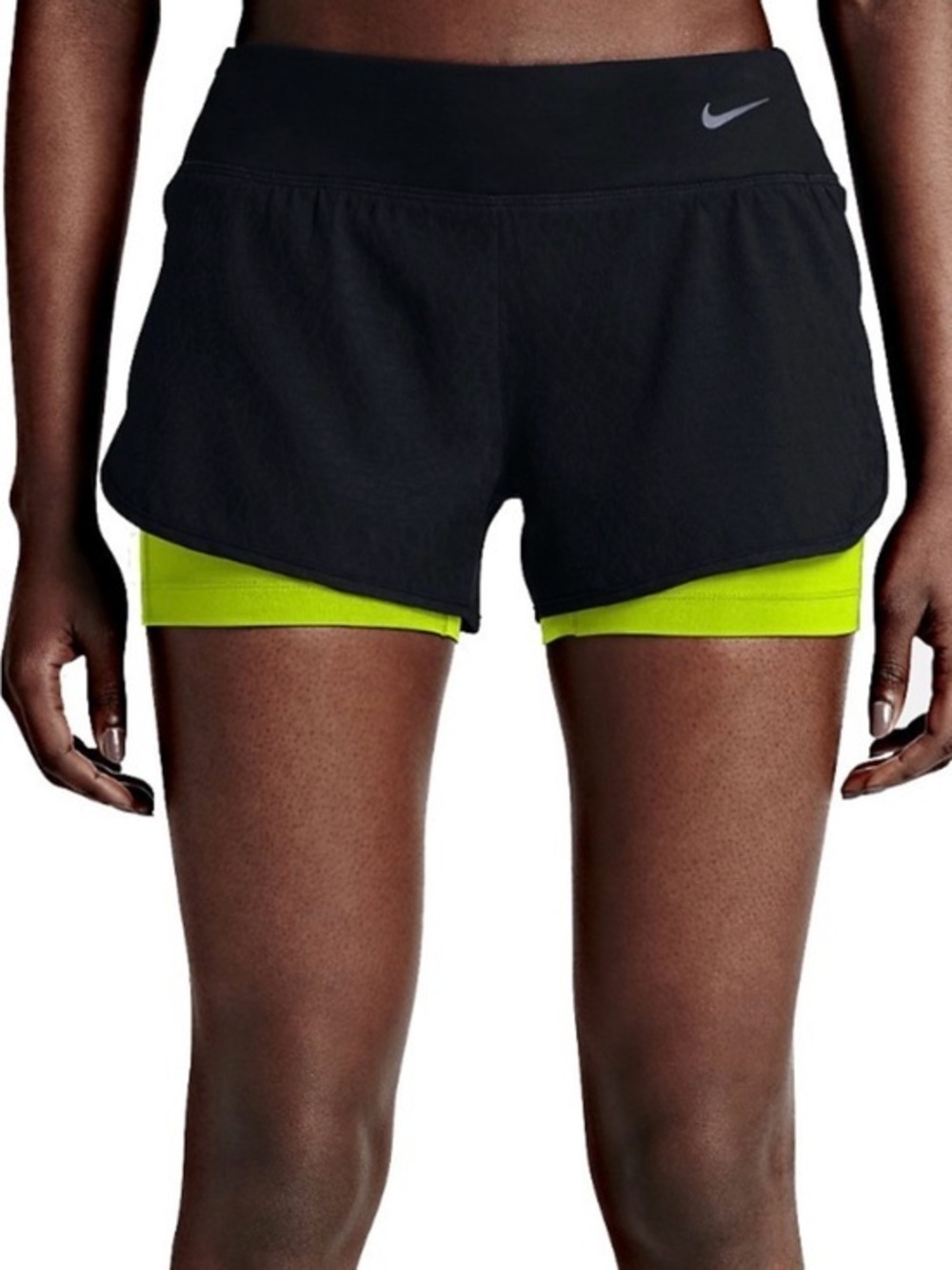 Nike women’s DriFit 2 in 1 Black running shorts w/ neon yellow compression liner